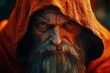 © GS-Studio - Mystical Wizard's Gaze: An imposing wizard with a long white beard, intense eyes, and draped in a hooded orange robe. The wizard's face is a portrait of ancient wisdom and power.