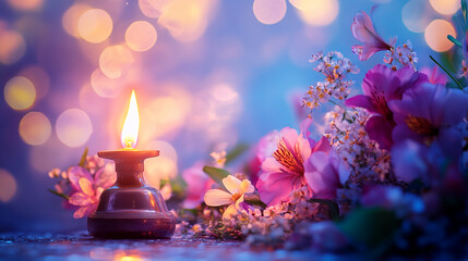 Poster - A glowing oil lamp surrounded by colorful flowers, reflecting softly in water, creating a peaceful and magical atmosphere with a blurred background of lights.