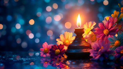 Poster - An oil lamp glowing brightly next to colorful flowers with a soft blurred background of lights, creating a serene, warm, and peaceful ambiance.