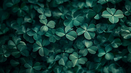 Poster - Close-up view of lush green clover leaves with a soft focus, symbolizing nature, growth, and abundance, ideal for concepts related to St. Patrickâ€™s Day or natural beauty.