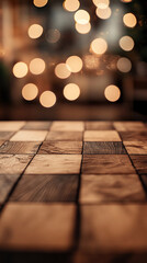 Poster - Close-up of a wooden chessboard with blurred golden bokeh lights in the background, symbolizing a strategic game of chess, intellect, and focus.