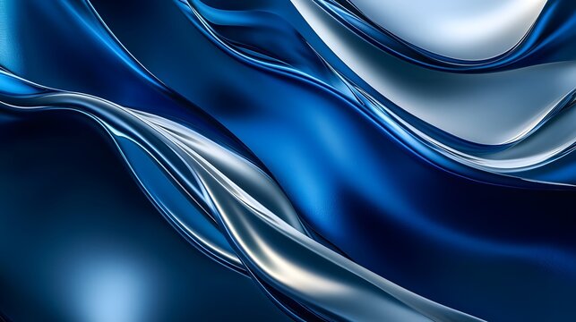 Abstract blue and silver metallic wavy surfaces create a modern design