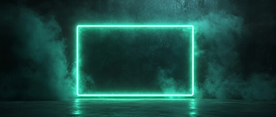 Fototapete - Glowing neon green rectangular frame in a dark space with smoky background and empty area for text