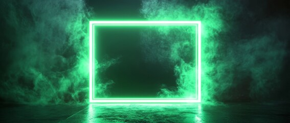 Fototapete - Glowing neon green rectangular frame in a dark space with smoky background and empty area for text
