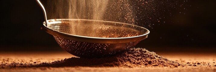Aufkleber - Sifting flour through a mesh strainer for baking on a wooden surface in warm light. Generative AI
