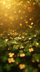 Poster - Close-up of clovers illuminated by sunlight, floating in the air with golden glowing particles, symbolizing good luck, growth, and serenity in nature.