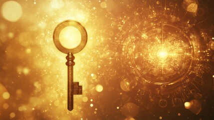 Poster - Golden key against a swirling cosmic background representing unlocking secrets and possibilities in a surreal universe. Generative AI
