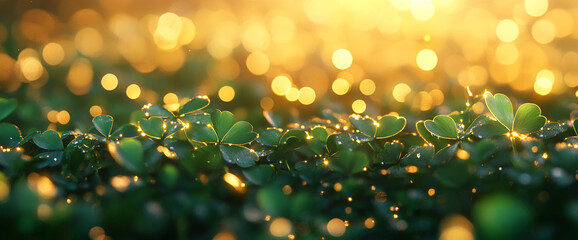Poster - Close-up view of clover leaves sparkling with dew drops, illuminated by golden bokeh light, symbolizing good luck and nature, perfect for St. Patrick's Day and spring themes.
