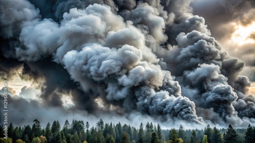 Thick white smoke billows into the grey sky with heavy clouds and dark ...
