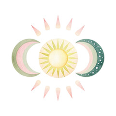Wall Mural - Celestial design featuring sun and moon phases against a black background. Easter Watercolor Clipart.