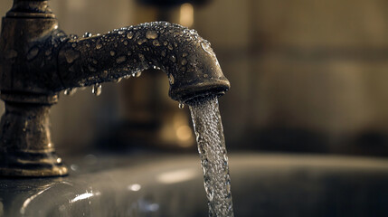 Aufkleber - close-up shot of a water faucet with droplets, releasing water into a sink. the photo symbolizes cle