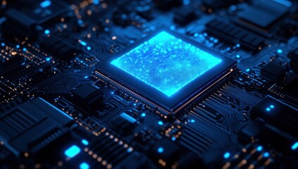Poster - Abstract close-up of a futuristic circuit board with glowing blue processor, illuminated components, and intricate pathways in a dark environment