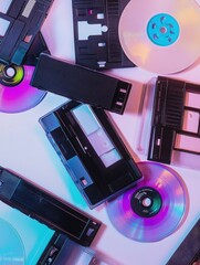 Aufkleber - Vintage media collection featuring VHS tapes and CDs on a vibrant background. Generative AI