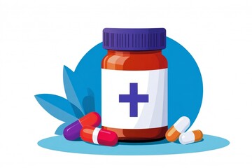 Poster - A simple icon of a pill bottle with a cross symbol, designed in a clean minimalist style