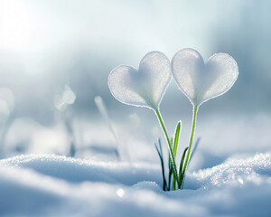 Aufkleber - Two heart-shaped frozen flowers emerging from snow, symbolizing love and new beginnings in the cold winter season, a symbol of hope and beauty in the frozen landscape.