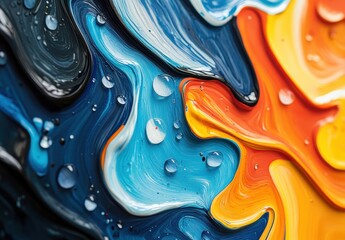 Poster - Abstract Colorful Background with Rippling Paint Texture and Water Droplets, Vibrant Swirls in Bold Hues Create Dynamic Visual Appeal for Art Lovers
