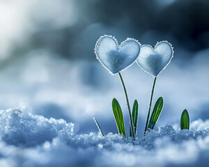 Aufkleber - Two heart-shaped frozen flowers emerging from snow, symbolizing love and beauty in a cold, wintry landscape, showcasing the bond of love and natureâ€™s resilience in winter.