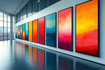 Poster - Colorful abstract art exhibition in a modern gallery with large vibrant canvases