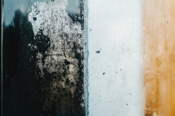Poster - Surface texture showing contrast between black, white, and orange with weathered and peeling paint under natural light. Generative AI
