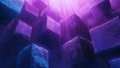 Poster - Abstract Composition of Floating Cubes in Purple and Blue Light with a Mystical Atmosphere and Digital Aesthetic