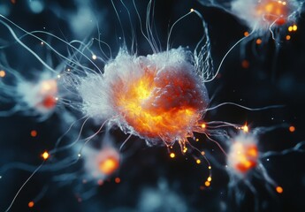 Poster - Abstract depiction of glowing cellular structures with dynamic tendrils and vibrant colors representing life, energy, and microscopic phenomena
