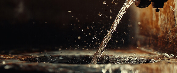 Aufkleber - Water flowing from a tap with droplets splashing into the sink, showcasing the beauty and power of water, symbolizing freshness, purity, and fluidity in a dark atmosphere.