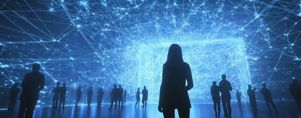 Poster - Abstract digital environment with human silhouettes exploring glowing network connections and vibrant data visuals in a modern artistic representation