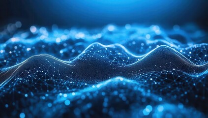 Poster - Abstract digital landscape with glowing blue waves and intricate particles representing data flow and advanced technology in a futuristic setting