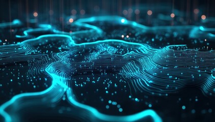 Poster - Abstract Digital Landscape with Glowing Lines and Lights in a Futuristic Style Representing Data Flow and Technology in a Sci-Fi Environment