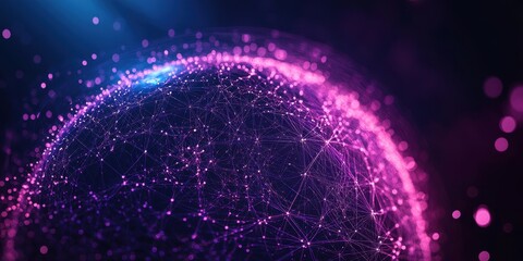 Poster - Abstract digital representation of a glowing sphere with interconnected lines and points in vibrant pink and blue hues against a dark background
