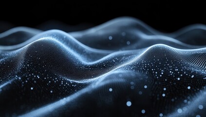 Poster - Abstract digital wave patterns with glowing particles in a dark setting, creating a sense of depth, movement, and modern technology for backgrounds and designs