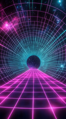 Poster - A neon grid tunnel glowing in purple and cyan, leading into a cosmic void, symbolizing futuristic technology, virtual reality, and digital worlds.