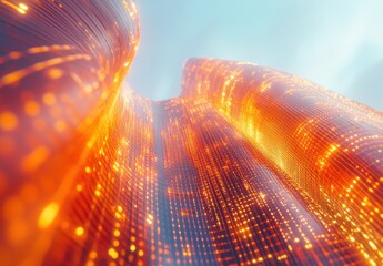 Poster - Abstract futuristic cityscape with bright orange glowing lights and digital patterns creating a mesmerizing visual landscape against a clear sky