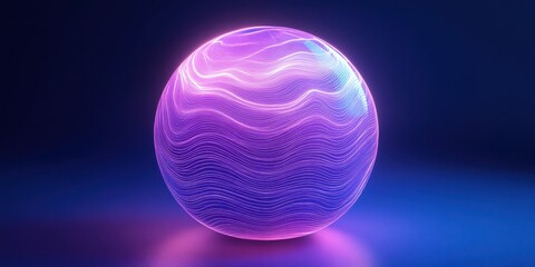 Poster - Abstract glowing sphere with flowing waves in vibrant purple and blue colors, captivating light effects on dark background, modern digital art concept