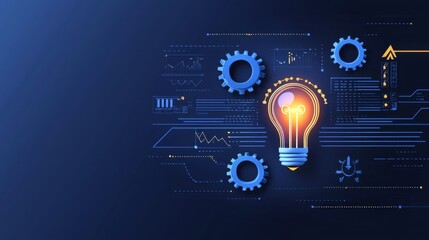 Poster - Innovative Light Bulb Surrounded by Gears and Digital Elements on a Dark Blue Background Representing Technology and Creativity Concept