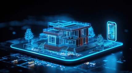 Poster - Futuristic Digital Model of a House with Neon Blue Lights and Smart Technology Elements in an Abstract Architectural Environment