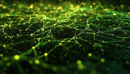 Poster - Abstract Green Network Background with Bright Dots, Digital Connections in a Three-Dimensional Space, Tech and Innovation Concept