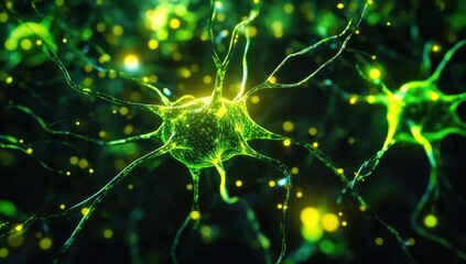 Poster - Abstract image of glowing neurons with synaptic connections and vibrant green lights in a dark background representing brain activity and neuroscience concepts