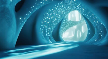 Poster - Abstract luminous cave with glowing patterns and ethereal light effects reflecting on the smooth surface creating a surreal and tranquil atmosphere