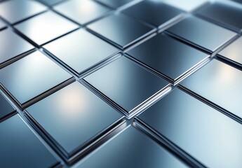Poster - Abstract metallic tiles arranged in a grid, showcasing sleek surfaces and reflections ideal for modern design, technology, or architectural backgrounds, 170 characters.