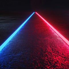 Poster - Abstract Neon Lines on Wet Asphalt Surface Reflecting Vibrant Blue and Red Colors in a Dark Environment