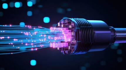Poster - Futuristic Fiber Optic Cable Surge with Vibrant Light Effects and Digital Circuit Elements, Symbolizing High-Speed Data Transmission in Technology
