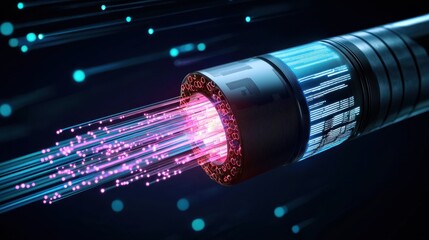 Poster - Abstract digital fiber optic cable with glowing light particles and data transmission, symbolizing modern technology and communication progress in a futuristic environment