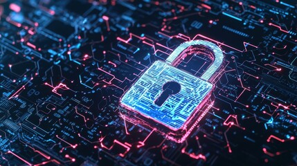 Poster - Digital Lock Symbol Representing Cybersecurity and Data Protection with Neon Glowing Circuit Background Concept for High-Tech Visuals