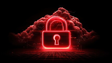 Poster - Red digital padlock symbolizing cybersecurity protection and data security in a futuristic technology landscape with glowing elements and cloud background