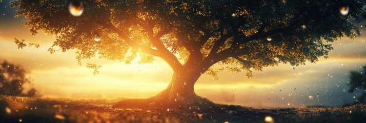 Leinwandbilder - Majestic tree bathed in golden sunlight with droplets glistening in the serene evening atmosphere. Generative AI