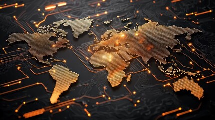 Poster - Global Digital Map in Golden Color with Circuit Board Design and Orange Lights on Dark Background for Technology Concept and Innovation Representation