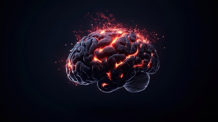 Poster - Conceptual representation of a glowing human brain with fiery patterns symbolizing creativity, thought processes, and neural connections in a dark background