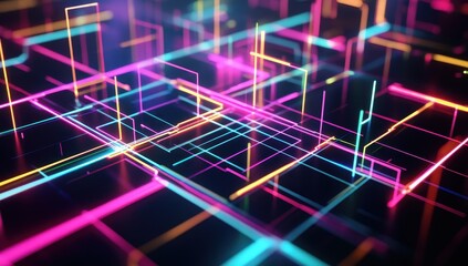 Poster - Abstract representation of a vibrant neon light grid with glowing lines and intersecting patterns for technology and digital concept visualizations