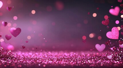 Poster - romantic background with glittering hearts and shimmering bokeh effect in shades of pink for celebra